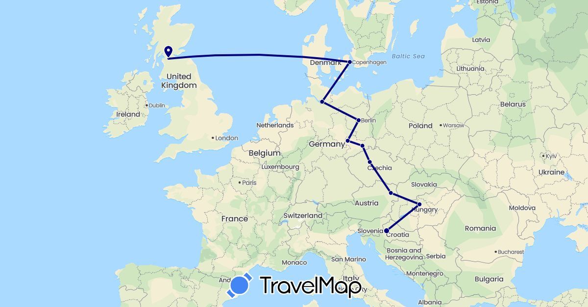 TravelMap itinerary: driving in Austria, Czech Republic, Germany, Denmark, United Kingdom, Croatia, Hungary (Europe)